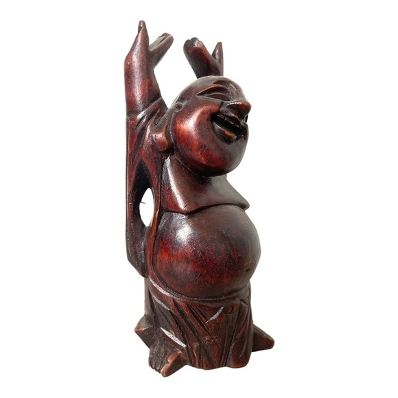 Vintage Wood Hand Carved Happy Laughing Buddha with Arms Raised - Picture 2 of 5